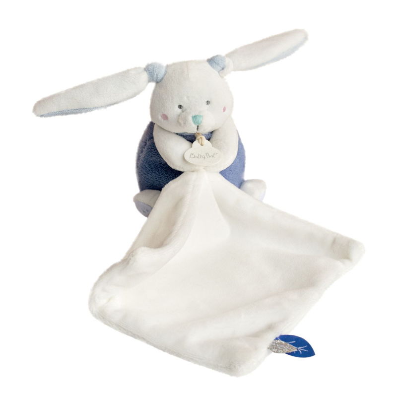  - les layettes - mouchoir lapin blanc bleu 30 cm 